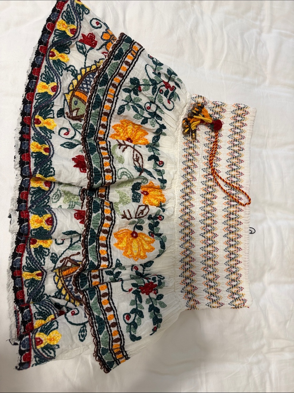 Zara White Cotton Skirt with Multicolor Floral Embroidery